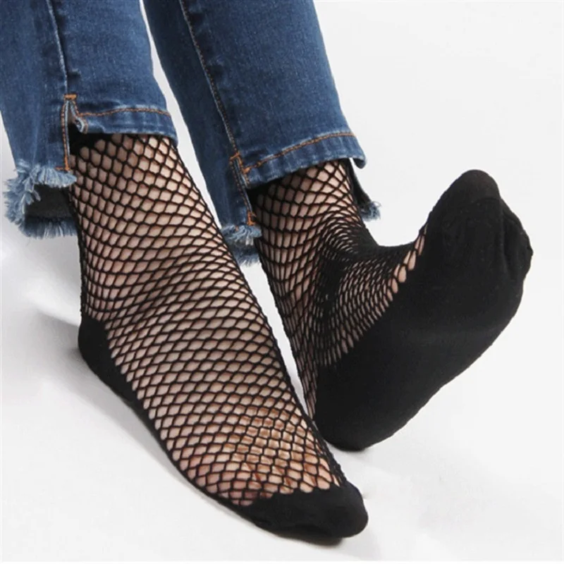 

1 Pair Fashion Sexy Lace Ankle High Fishnet Mesh Net Solid Color Short Crew Socks For Women Lady