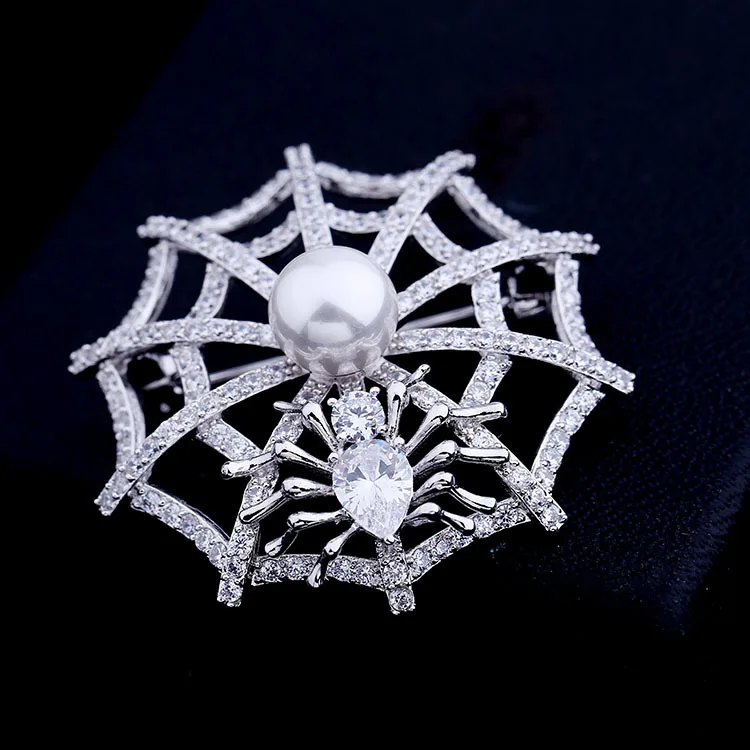 Винтаж Белый перламутр куполообразный CZ паутина брошь серебряного цвета