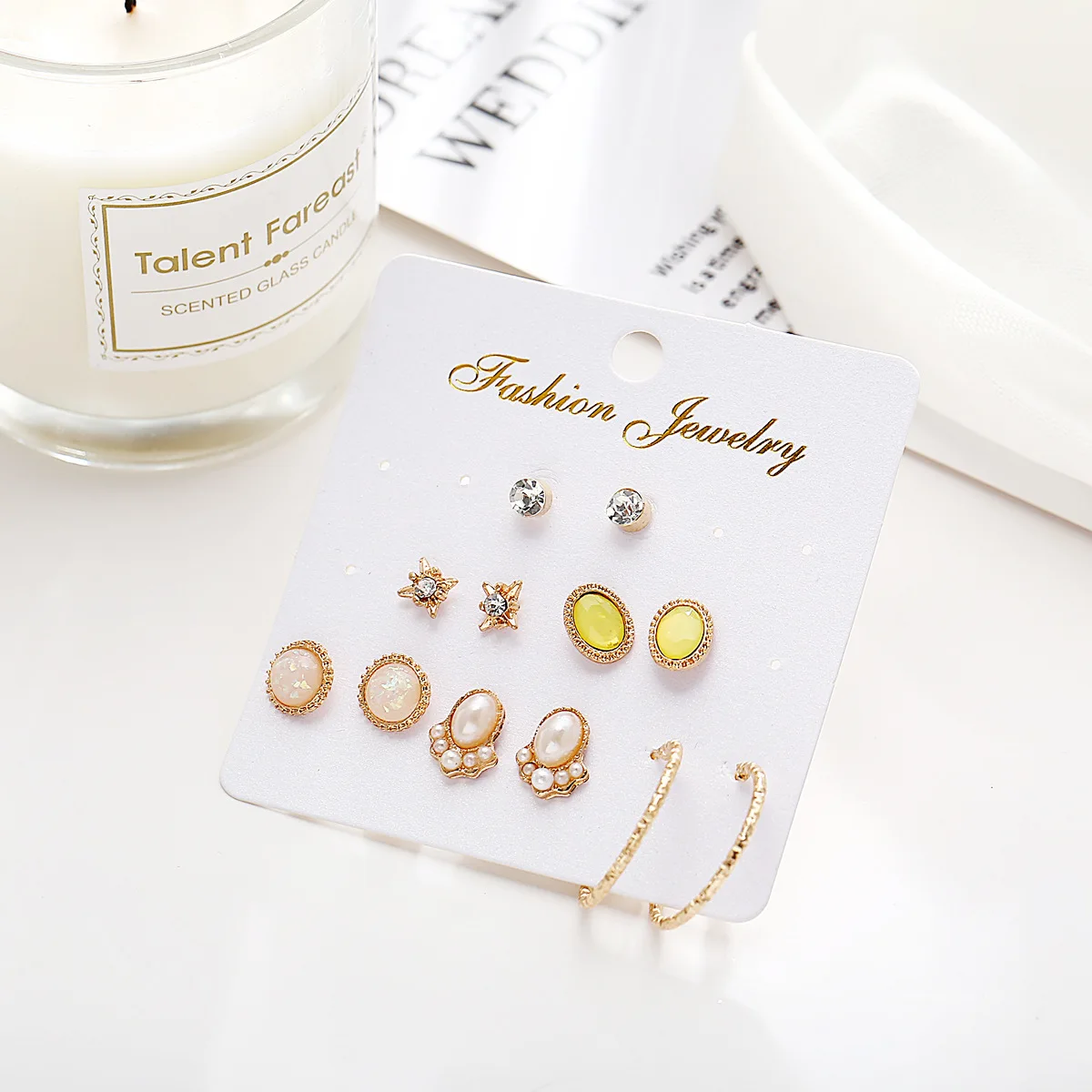 RLOPAY 6 Pairs/sets Alloy Geometric Earrings Women Girl Fashion Pearl CZ Bead Gold Color Jewelry Metal Stud Set | Украшения и