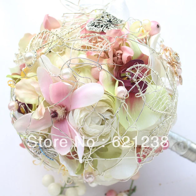 

7 inch Pink bridal bouquet / hand-crafted, creative wedding holding flowers / twigs and butterflies, brooch bouquet