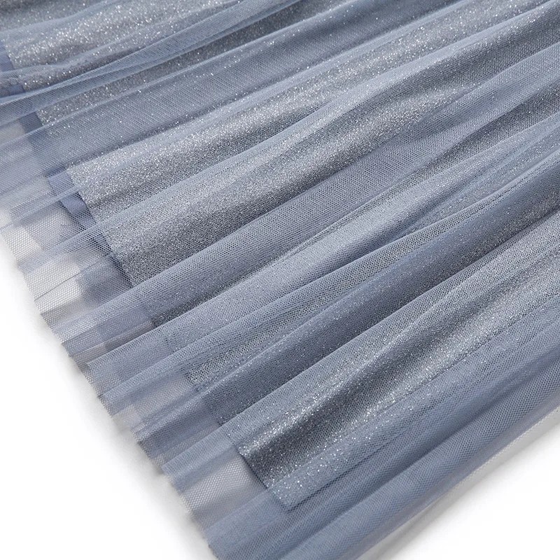 

WARMSWAY Silver Shiny Lurex Knitted Womens Two Piece Sets O-Neck Short Sleeve T Shirt + High Waist Mesh Skirt C-069