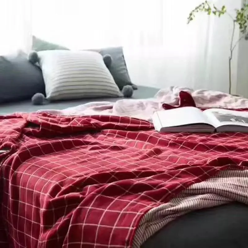 Red plaid Мягкое детское Хлопковое одеяло, клетчатое дышащее весенне-летнее покрывало, s на кровать, диване, покрывало для полета на самолете - Цвет: Red plaid