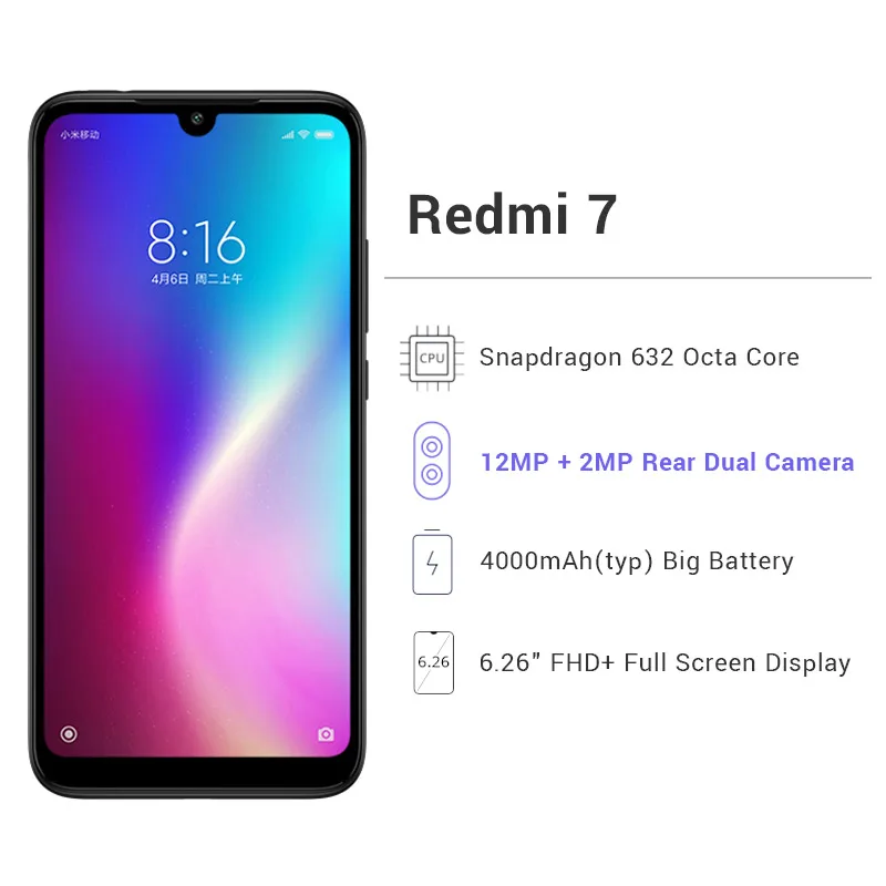 New Original Xiaomi Redmi 7 2GB RAM 16GB ROM Mobile Phone Snapdragon 632 Octa Core 12MP 4000mAh Battery 6.26" Full Screen | Мобильные