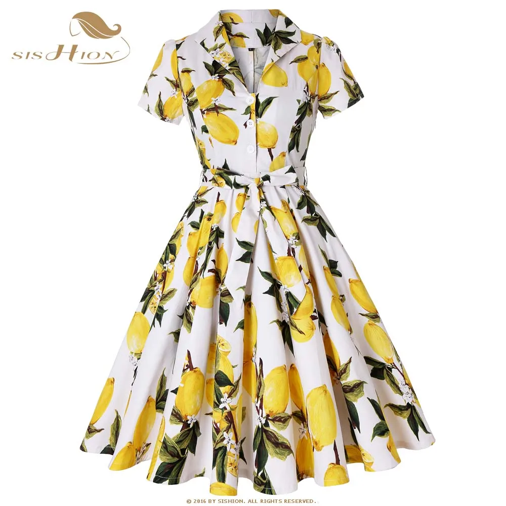 SISHION New Cotton White with Yellow Lemon Dress Short Sleeve Tunic vestidos Elegant 50s 60s Retro Swing Vintage Dress SD0002