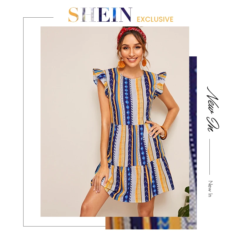 SHEIN, платье с ацтекским принтом и рюшами на пуговицах, платье в стиле бохо без рукавов, этническое платье трапециевидной формы,, женские летние платья с круглым вырезом