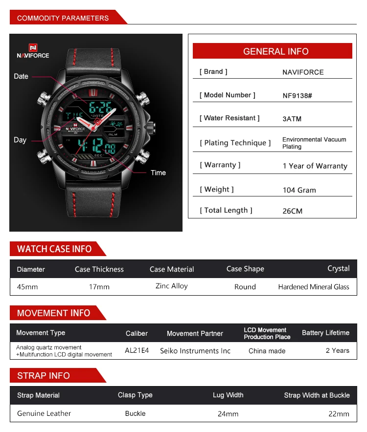 NAVIFORCE Military Mens Watches Top Brand Luxury Dual Time Quartz Sports Watch Leather Strap Waterproof LED Digital Male Clock | Наручные