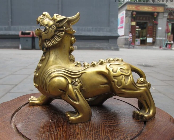 Китайская Чистая латунь Резные дворцовые ворота злая фу Фо Собака Лев маленькая