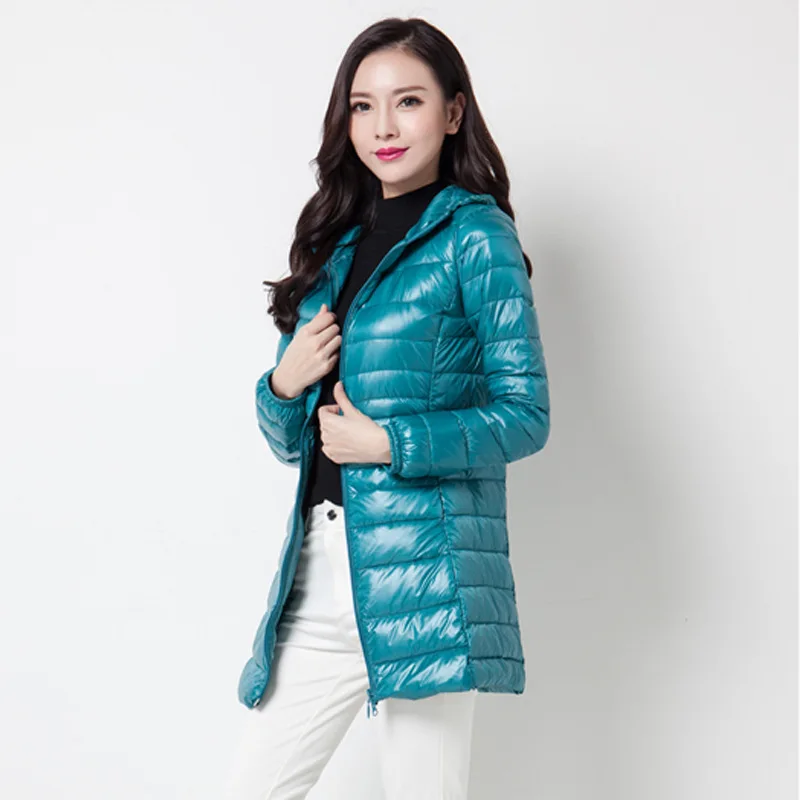 

Women's Medium-long Coats Warm Duck Down Ultra-thin Light Style 2019 Spring Autumn Female Slim Hooded Jackets Plus Size 6XL 7XL