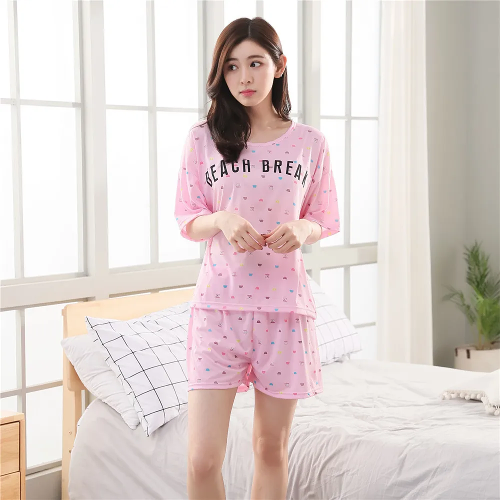 Womens Pajamas Sets Short-Sleeve Shirt And Waist Shorts Pajama Set All Above Cartoon Print Casual 2018 Summer Sleepwear Homewear | Женская