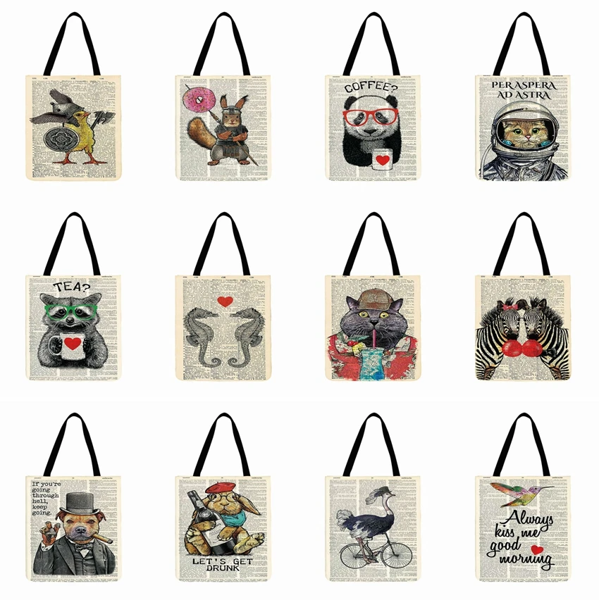 

Ladies Shoulderbag Retro Animal Printed Tote Bag Linen Fabric Bag Casual Foldable Shopping Bag Outdoor Beach Bag Daily Hand Bag