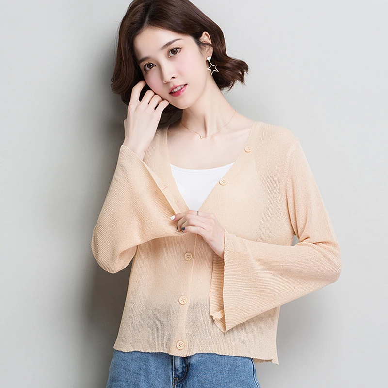 

New arrival ladies plain cardigan summer & spring knitwear female casual thin cool cardigan flare sleeve