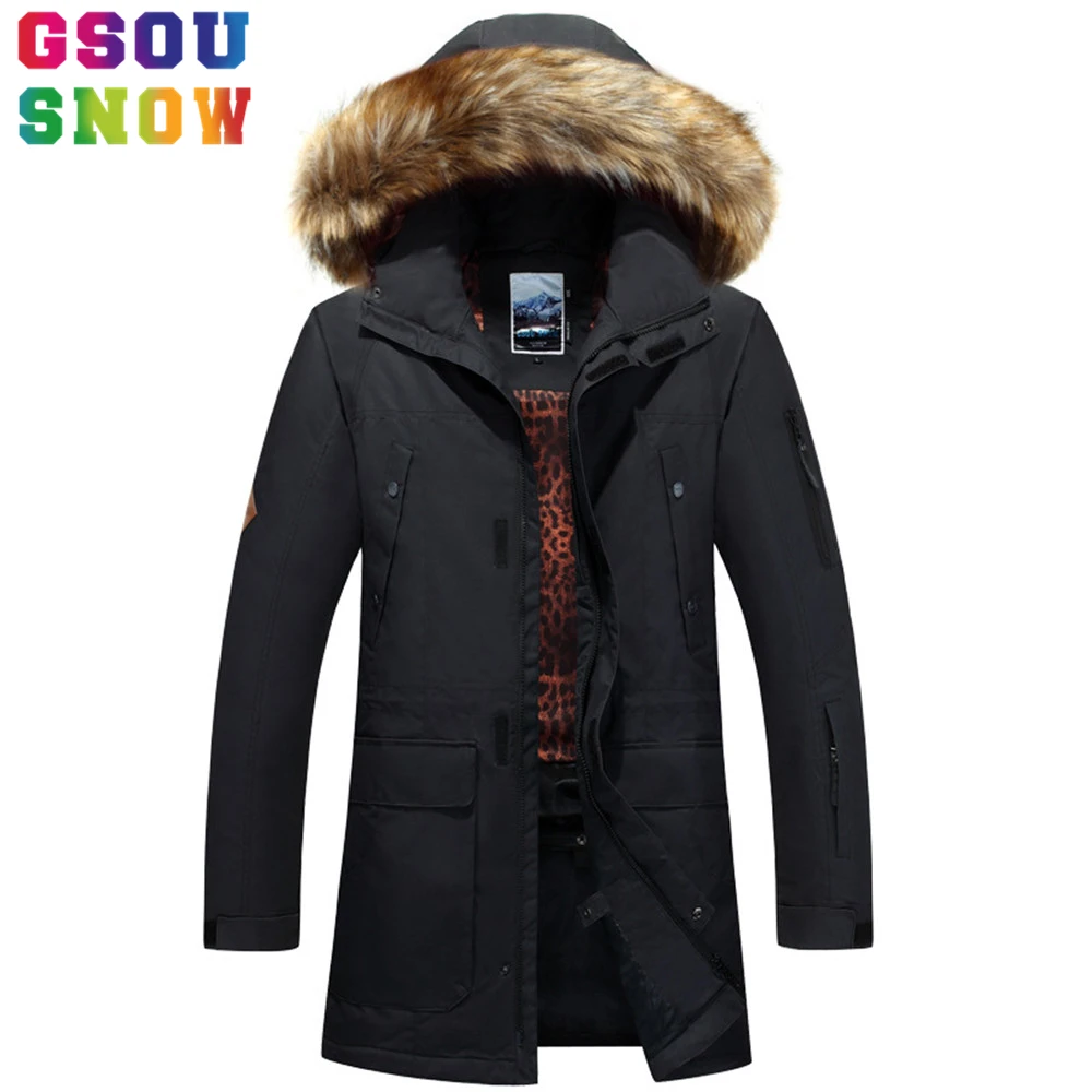 GSOU SNOW Brand Мужская лыжная куртка сноуборд водостойкий Мех животных с капюшоном