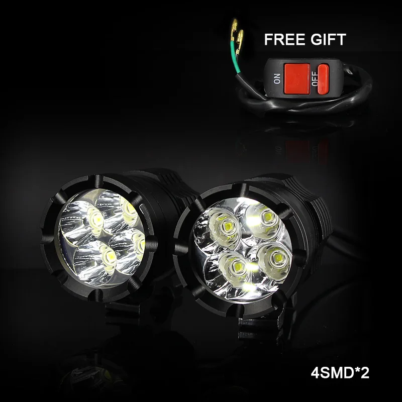 T6 4SMD 2Pc Светодиодный мини-фара для мотоцикла, велосипеда, противотуманная фара, вспомогательная лампа для вождения мотоцикла, высокая яркость, DRL лампа белого цвета 6000k+ переключатель - Цвет: T6 4SMD 2Pc
