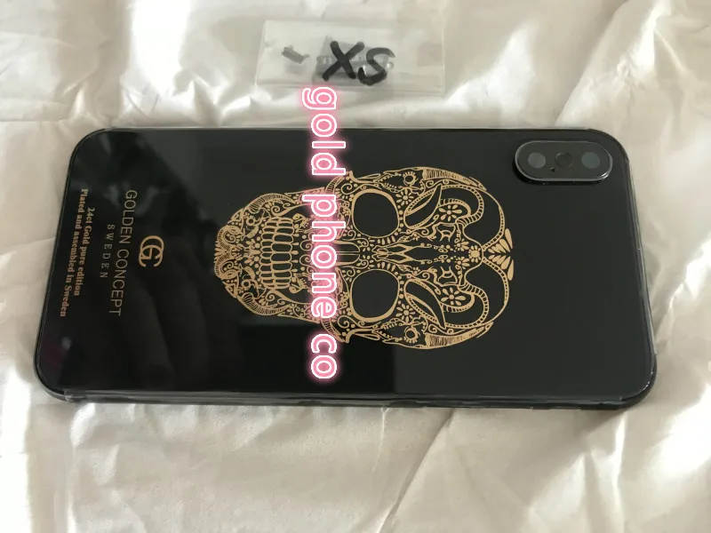Превосходное качество, роскошная задняя крышка для iphone X, 24 k, золотой череп, дизайнерский корпус с оригинальной черной рамкой и стеклом