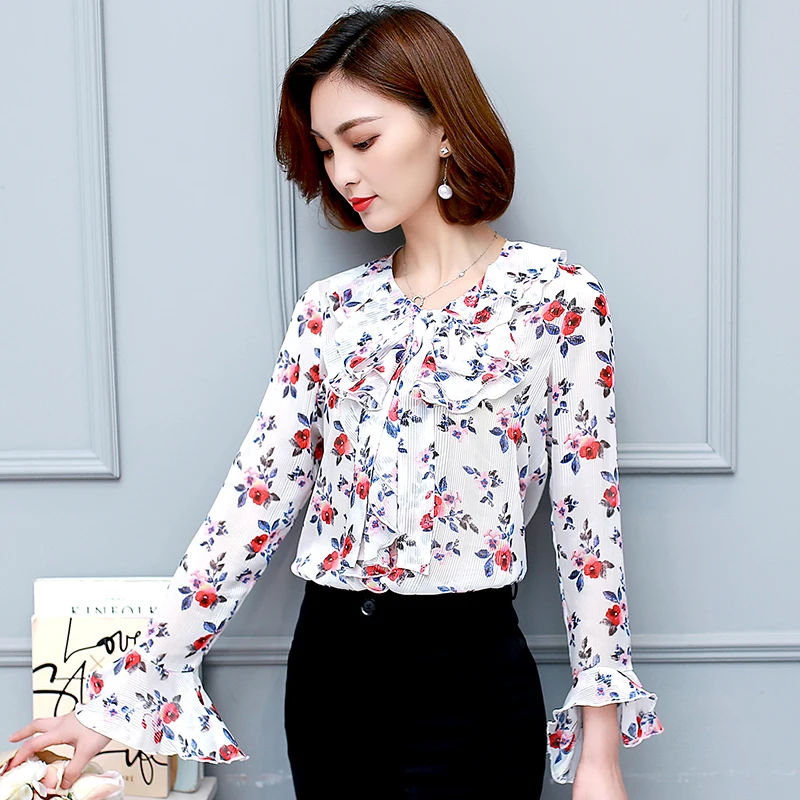 2018 New Casual Spring Women Shirt Long Sleeve Ruffled Collar Chiffon Blouse Fashion Printing Female Tops Women's Clothing |