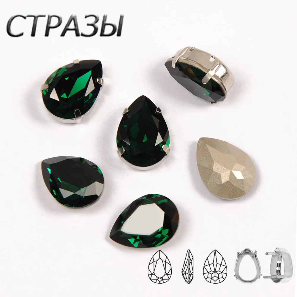 

New arrival Teardrop Emerald strass sew on rhinestones gold Silver Frame claw glass crystal rhinestone Diy clothing accessories