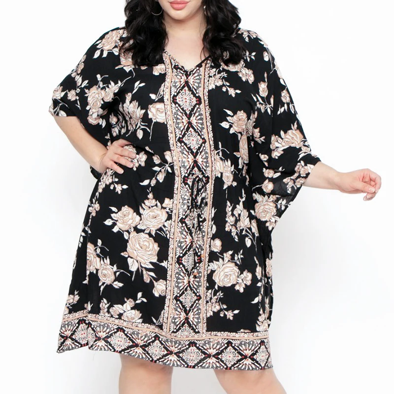 Simplee Boho платье с цветочным принтом больших размеров женское летнее короткое платье с длинным рукавом и v-образным вырезом кимоно праздничное повседневное свободное пляжное платье vestidos