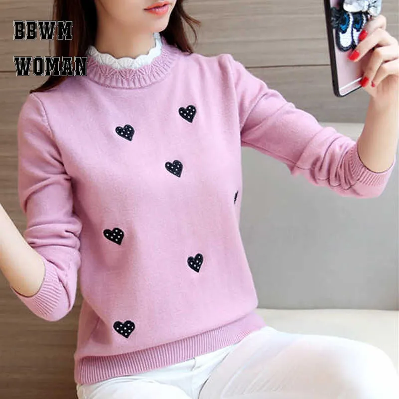 Winter New Bottoming Shirt Lovely Heart Pink Long Sleeve Sweater Stretchy Korean Embroidery Loose Sweaters ZO864