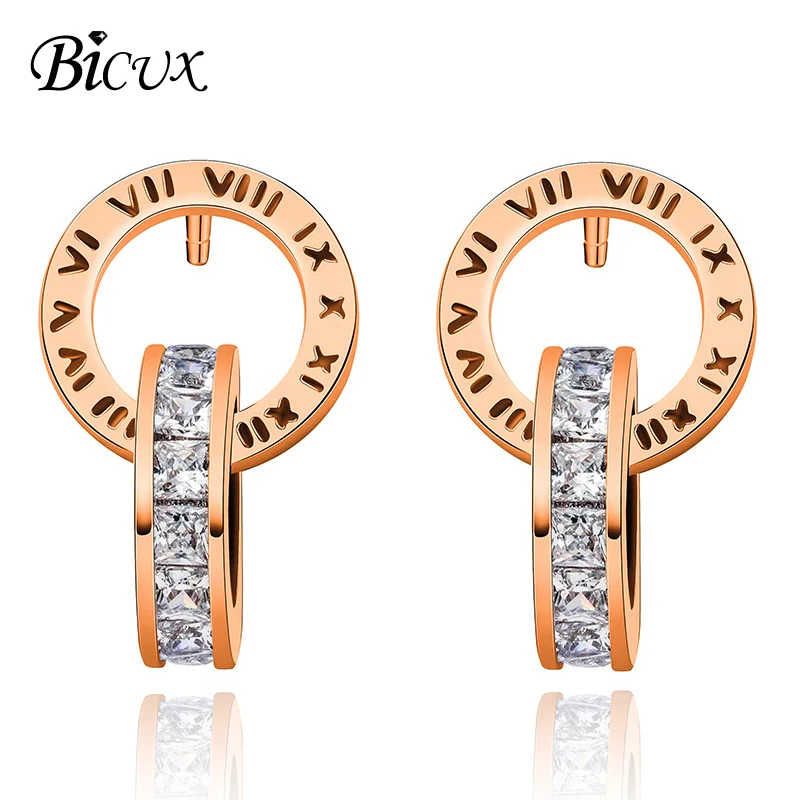 Rose gold BICUX, Модные Этнические геометрические серьги, розовое золото, римские цифры, Кристальные серьги-гвоздики для женщин, вечерние круглые серьги, ювелирное изделие - Окраска металла: Rose gold