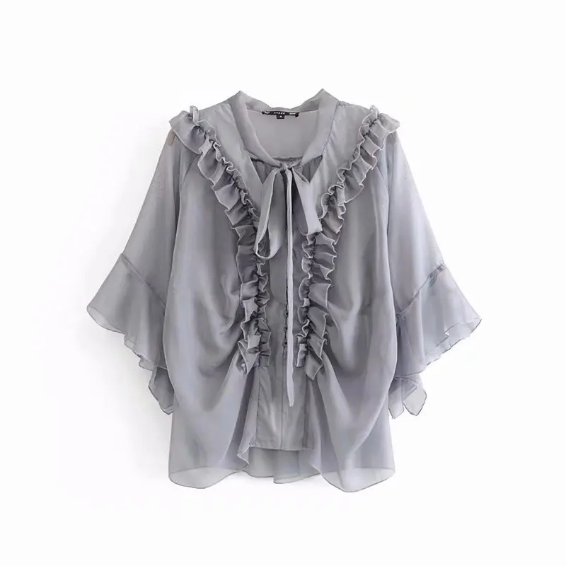 Блузка женская шифоновая с оборками прозрачная рубашка в Корейском стиле