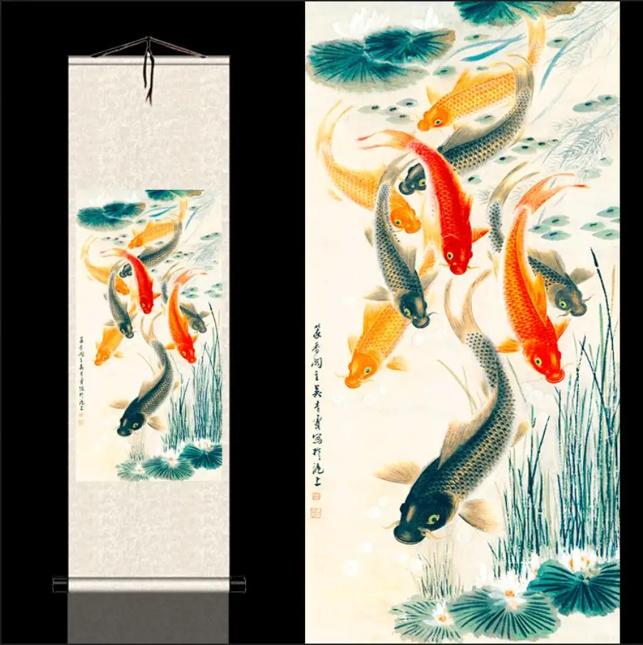 

Nine Fish Drawings, Water Grass and Carp Drawings, Fengshui Point Decoration and Hanging Paintings
