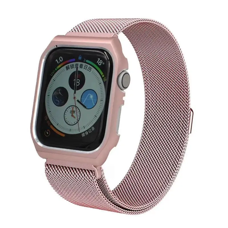 Чехол+ Миланский ремешок для apple watch band apple watch 4 3 5 44 мм 40 мм 3 iwatch 42 мм/38 мм браслет из нержавеющей стали correa - Цвет ремешка: pink  band case