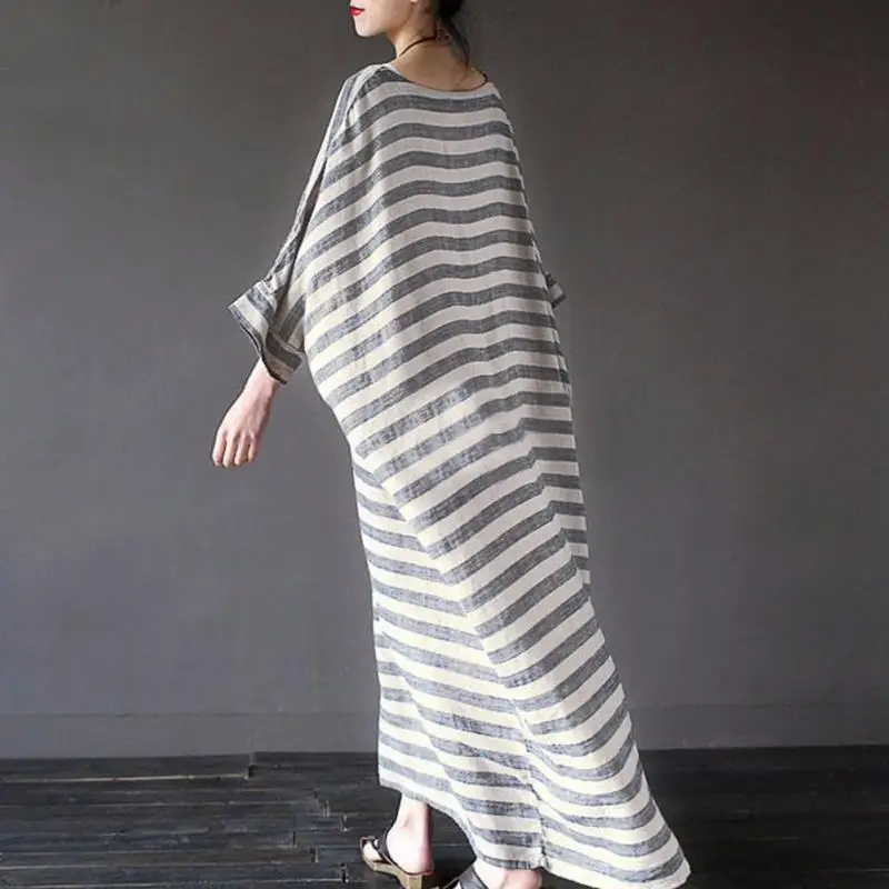 2018 летние Для женщин ретро Стиль хлопок конопли полосатый халат платье Книги по