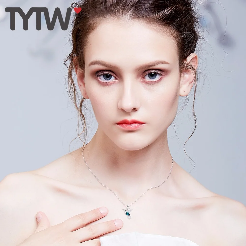TYTW Crystals from Austrian S925 Sterling Silver Necklace Bird Green Rhinestone Pendant for Women Girls Anniversary Party Gifts | Украшения