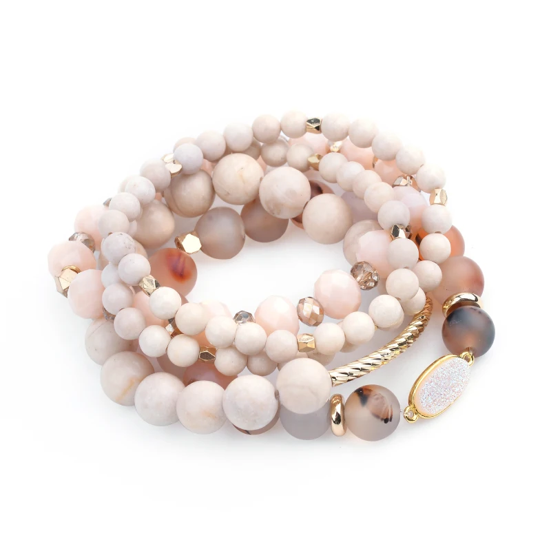 Bracelets Sets 4 шт./компл. Натуральный камень Для женщин Браслеты золото Медь трубки& бусины бежевые Мрамор Drusy ограненные Агаты с украшением в виде кристаллов Браслеты BCSET278 - Окраска металла: Bracelets Sets