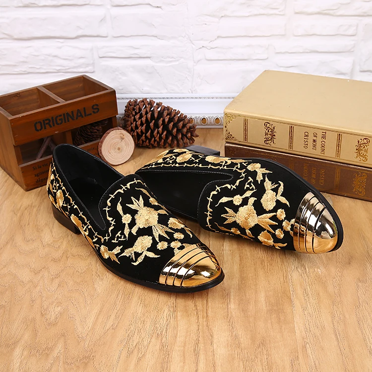 Spring Autumn vogue Black Suede Gold Embroidery Male Loafers Outdoor Causal Flat Mens Shoes Metal Round Toe Slip On Men | Обувь