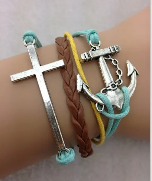 3pcs Bracelet antique silver cross bracelet anchor brown braid 559|bracelet thread|bracelet coinbracelet kit |