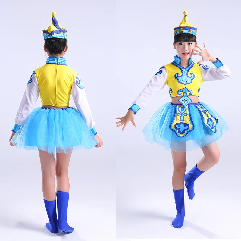 С головным убором Детские сценические костюмы Монголии китайские народные