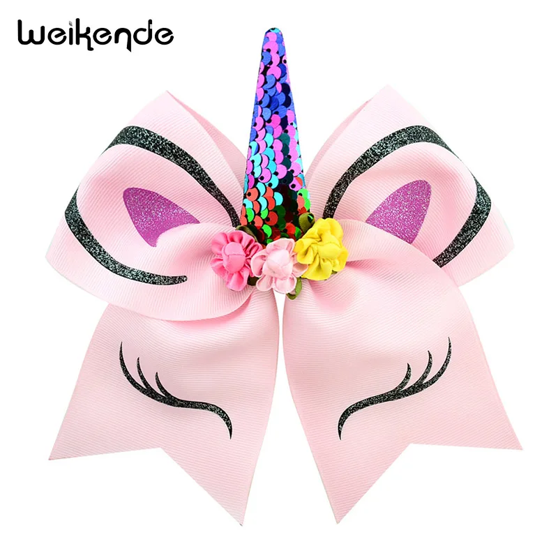 7 Inch Large Hair Bow Children's Unicorn Hairpin Horn Bronze Flip Sequin Tie Handmade DIY Rainbow Bow-knot | Детская одежда и