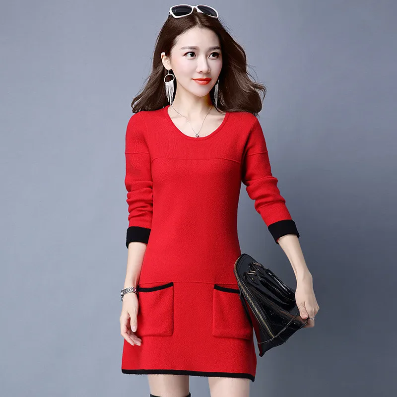 Женское трикотажное платье свитер с длинным рукавом и круглым вырезом|bodycon