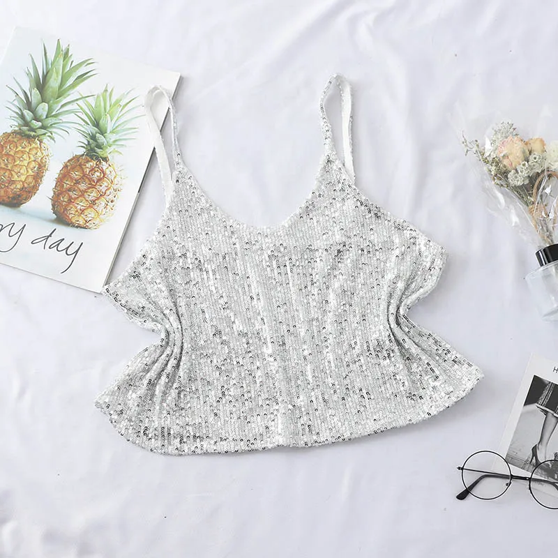 WHITE HELIAR Women Summer V-Neck Lace Crop top Club Sexy Silk Tanks Top Shining Women Cloth Sleeveless High Waist Pleat Camisole - Цвет: WHITE