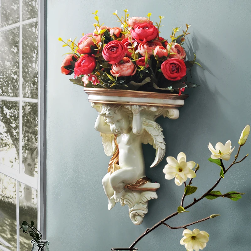 

Resin Angel Figurine Wall Vase with Artificial Flower Nordic Decoration Home Flower Vase White Hanging Vase for Wedding