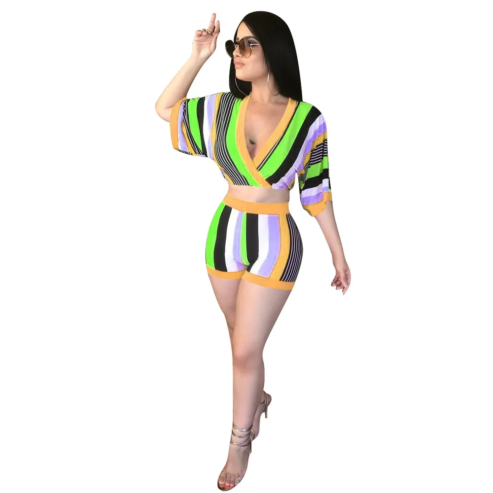 Женские летние костюмы с v-образным вырезом одежда в полоску принтом короткий