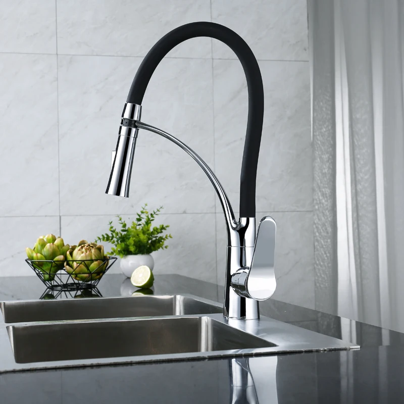 OLMEY Горячая распродажа в Польше Кухонный смеситель с длинным носиком и черным гибким силиконовым шлангом, однорычажный кран для раковины слива воды.