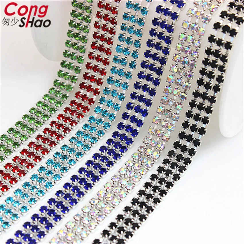 Cong Shao 3mm 1 yard 3 Rows Crystal+Rhinestone Cup Chain Silver Base With Claw Dress Decoration Trim Applique Sew on Shoes 8Y889 | Дом и сад