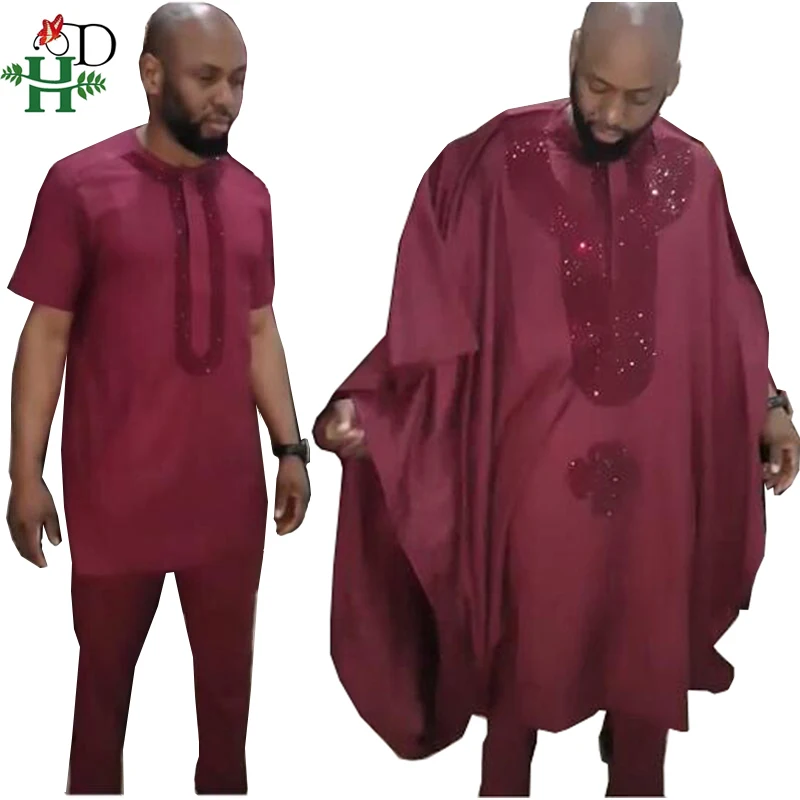 H& D африканская agbada мужская одежда костюмы халат топы брюки комплект из 3 предметов африканская традиционная Мужская Дашики одежда со стразами