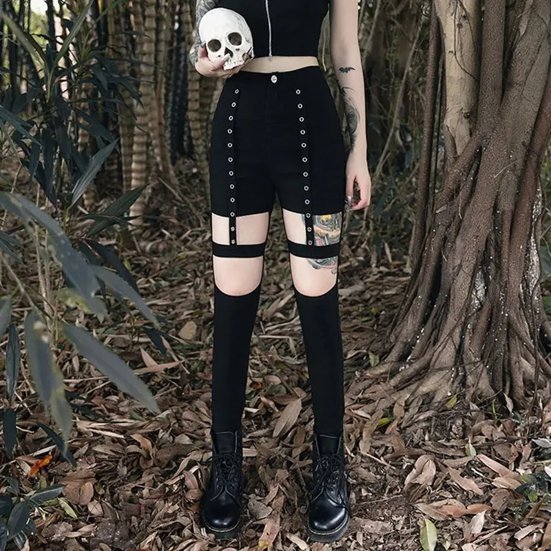 Женские обтягивающие брюки-карандаш Goth повседневные Черные Облегающие брюки в