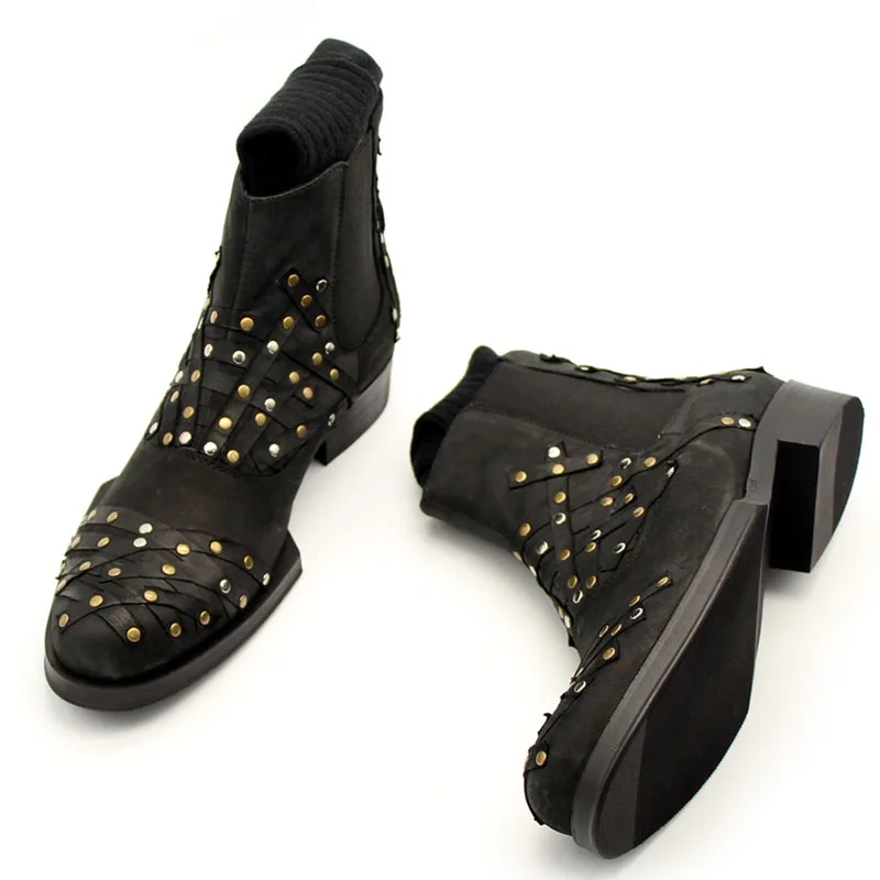 Мужские ботильоны с заклепками черные ботинки челси из натуральной кожи высоким