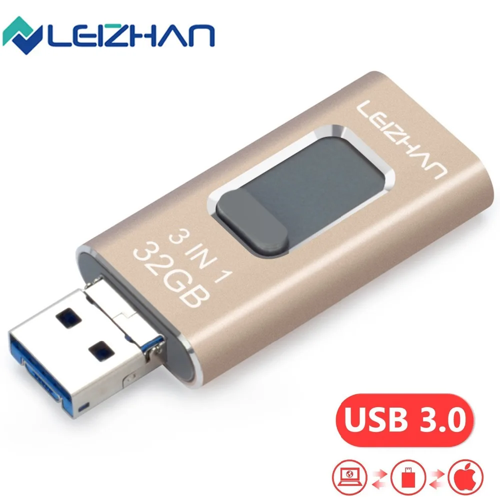 LEIZHAN 3в1 USB флэш накопитель для iPhone iPad iPod и Android телефон фотостудия Usb 3 0 ключ 128 Гб 64