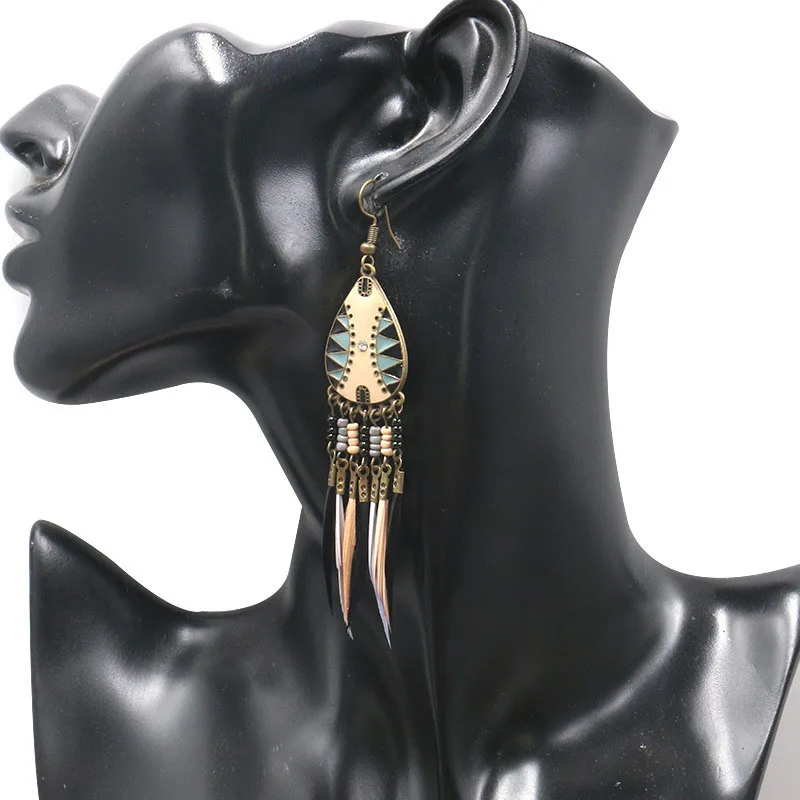 

Colorful Enamel Long Feather Earrings for Women Vintage Indian Ethnic Tassel Earring Bohemian Beads Earing Statement Jewelry