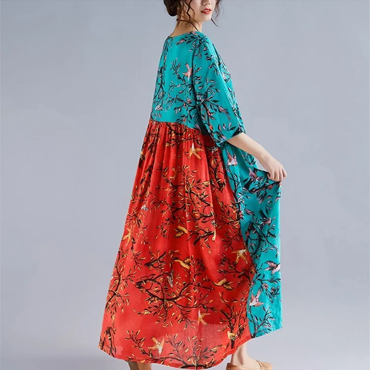 Мода 2019 женские Лоскутные хлопковые льняные свободные платья с круглым вырезом