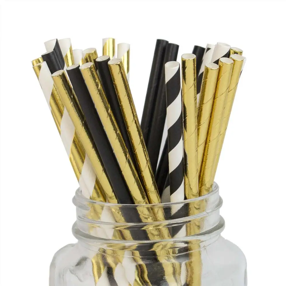 Gold Black Set 100 шт биоразлагаемые полосатые соломинки золотые и черные бумажные соломинки вечерние свадебные украшения - Цвет: Gold Black Set