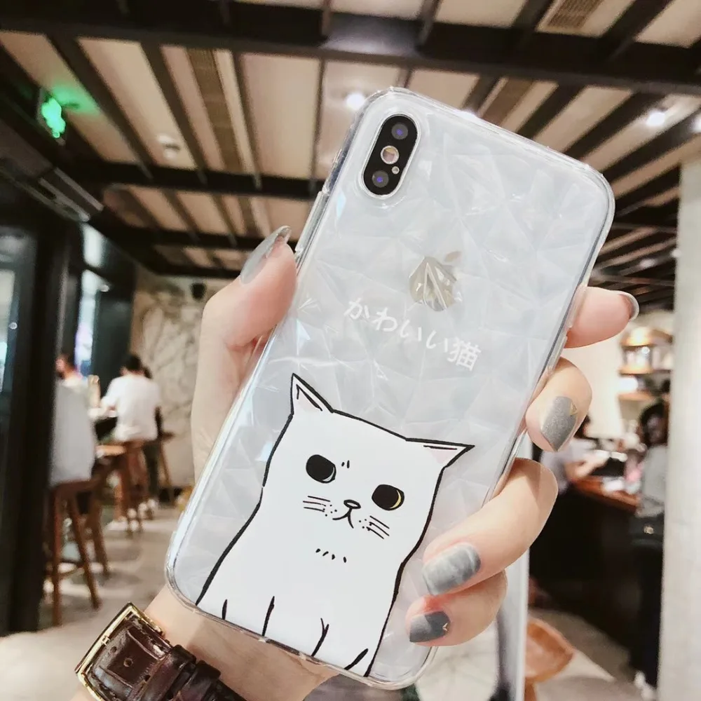 ZMASI Geometric Diamond Clear Phone Case for iPhone X 6 6S 7 8 Plus Cute White Cat Rhombus Series Cover Coque |