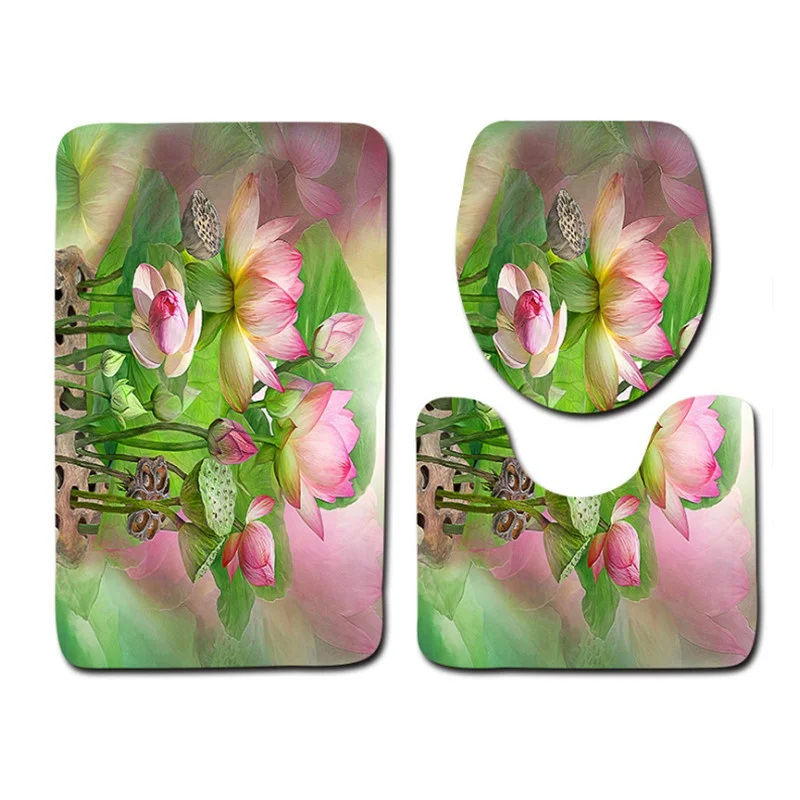 free shipping 3pcs green flower banyo bathroom carpet toilet u type bath mats set non slip pad tapis salle de bain alfombra bano free global shipping