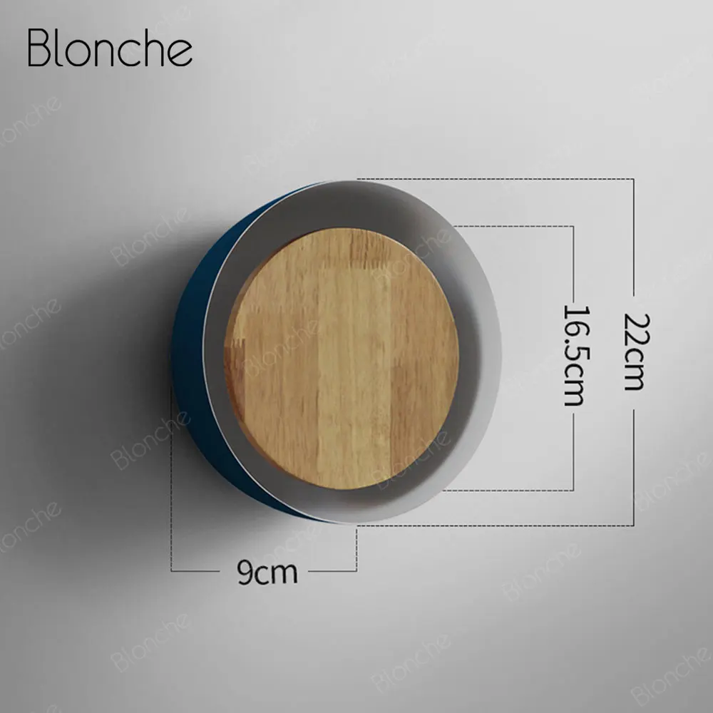 Blue 22cm Скандинавский светодиодный настенный светильник, современный деревянный настенный светильник, креативная круглая форма, бра для спальни, лампа для ресторана и ванной - Цвет абажура: Blue 22cm