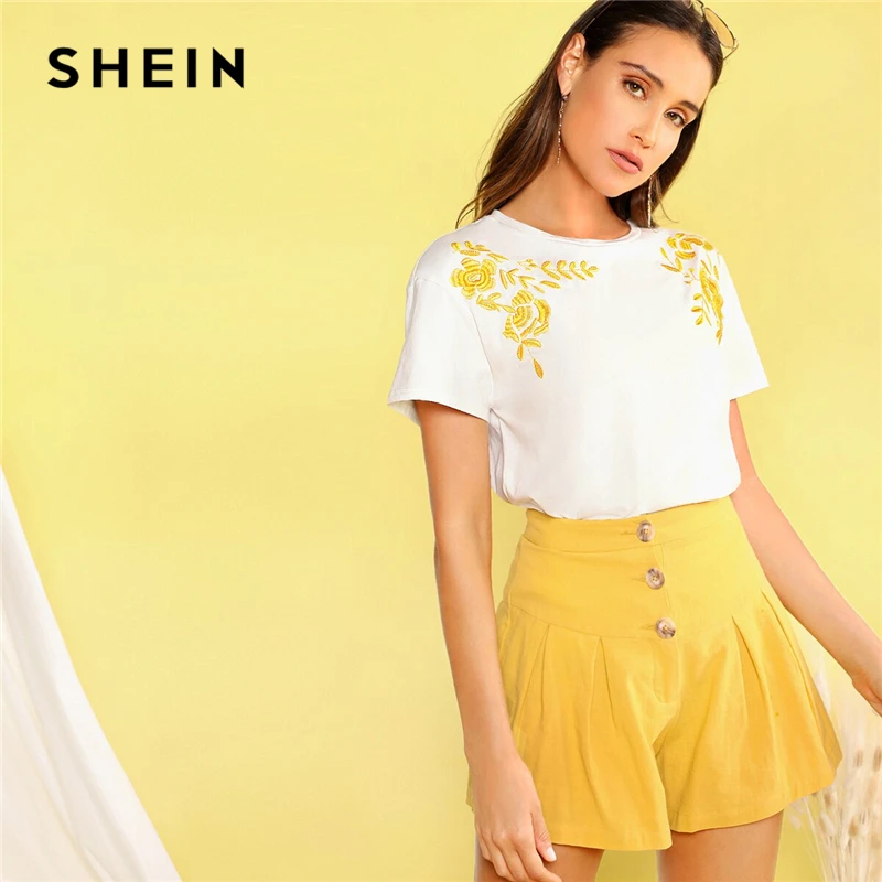 SHEIN, женская футболка с цветочной вышивкой,, эластичная летняя футболка с коротким рукавом, круглый вырез, белые летние топы